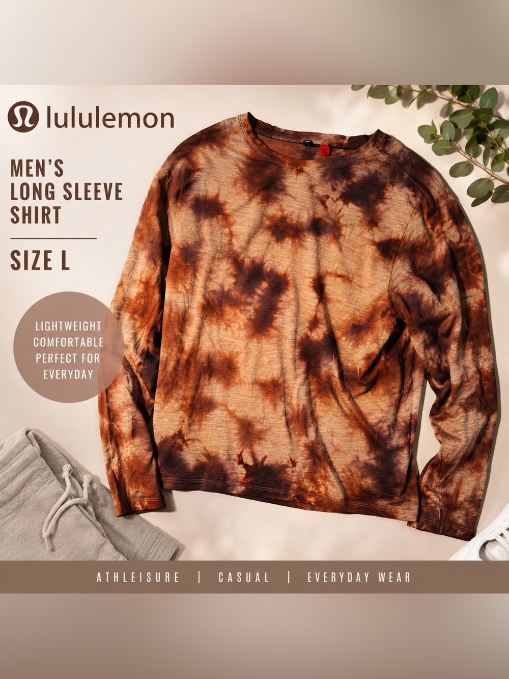 lululemon athletica Men’s Brown Tie-Dye Crewneck Long Sleeve Tee L